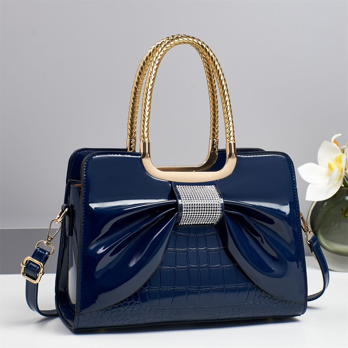 Rhinestone Bow Patent Top Handle Bag - Blue