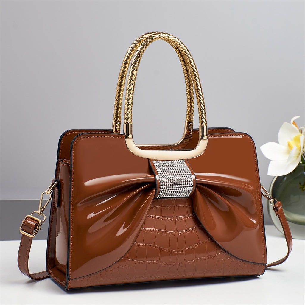 Rhinestone Bow Patent Top Handle Bag - Brown