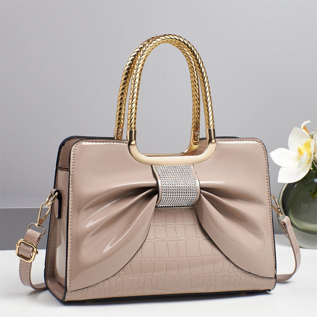 Rhinestone Bow Patent Top Handle Bag - Khaki