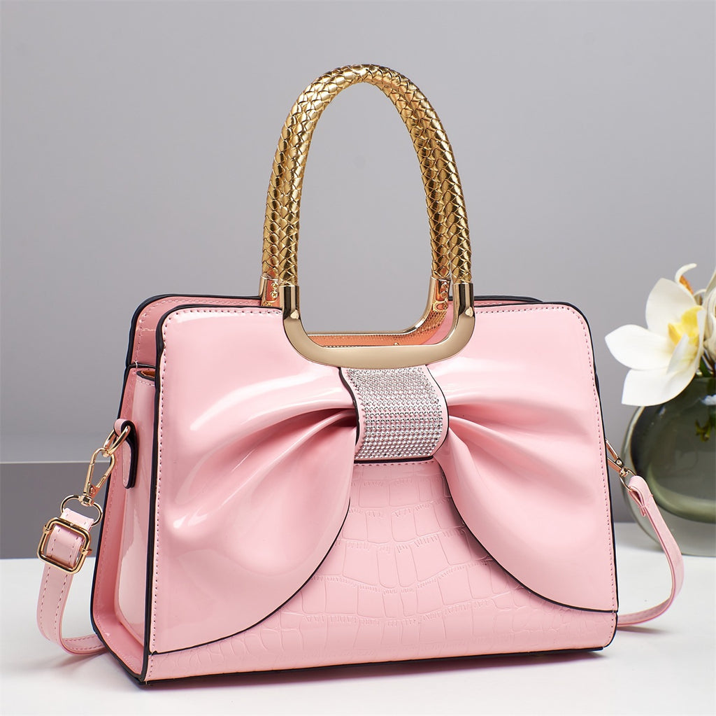 Rhinestone Bow Patent Top Handle Bag - Pink