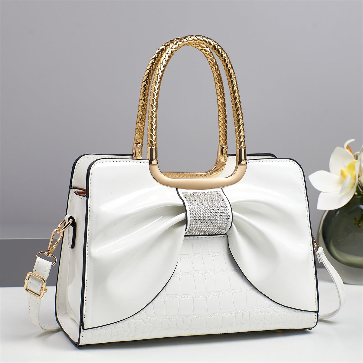Rhinestone Bow Patent Top Handle Bag - White