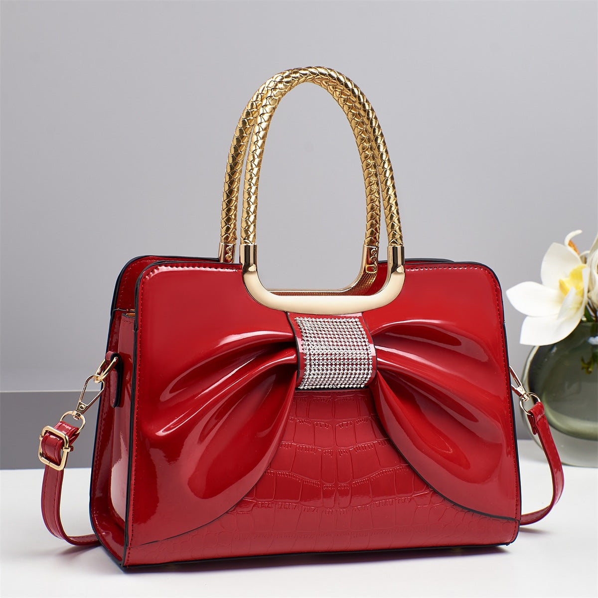 Rhinestone Bow Patent Top Handle Bag - Wine_red