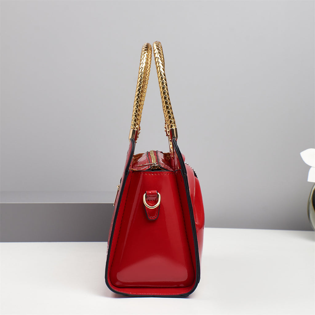 Rhinestone Bow Patent Top Handle Bag - Wine_red - 2