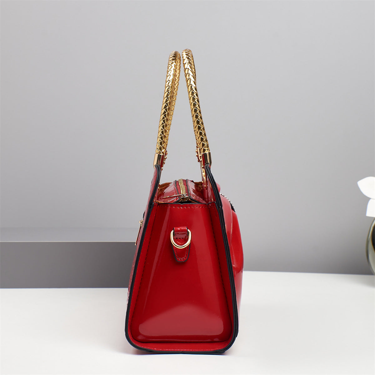 Rhinestone Bow Patent Top Handle Bag - Wine_red - 2