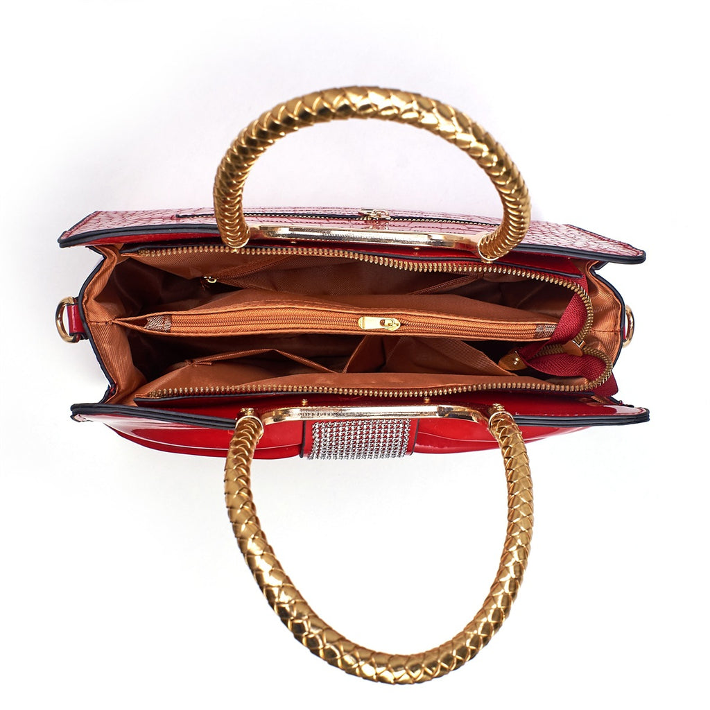 Rhinestone Bow Patent Top Handle Bag - Wine_red - 4