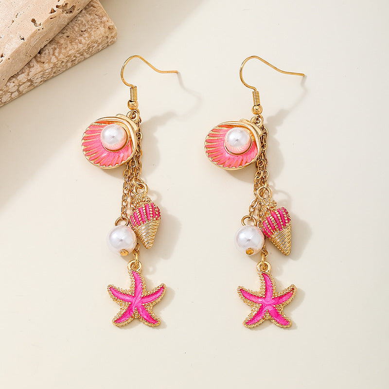 Shell And Starfish Tassel Drop Earrings - Rose-Red