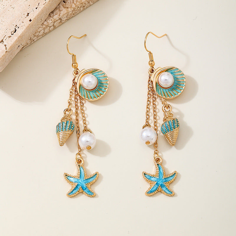 Shell And Starfish Tassel Drop Earrings