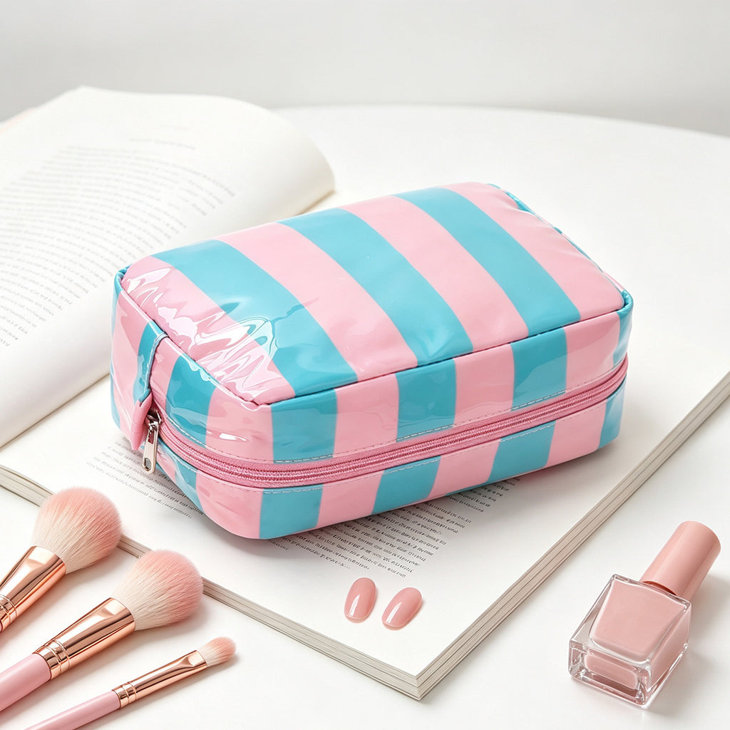 Striped Glossy Makeup Pouch With Zip Top - BluePink - 2