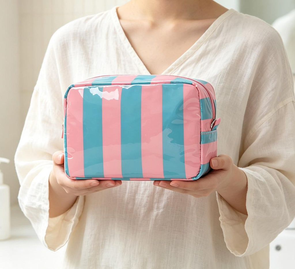Striped Glossy Makeup Pouch With Zip Top - BluePink - 3