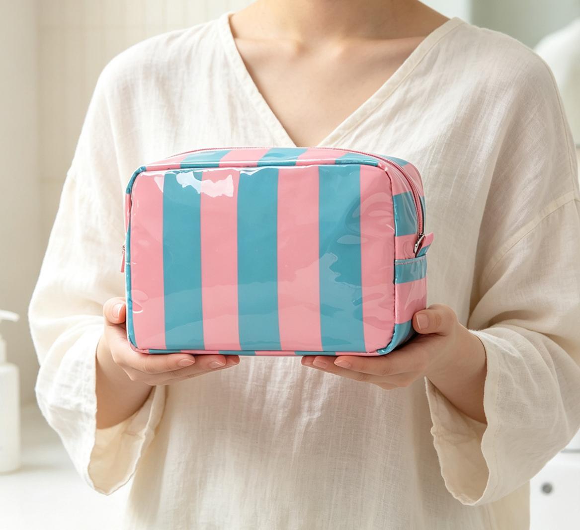 Striped Glossy Makeup Pouch With Zip Top - BluePink - 3