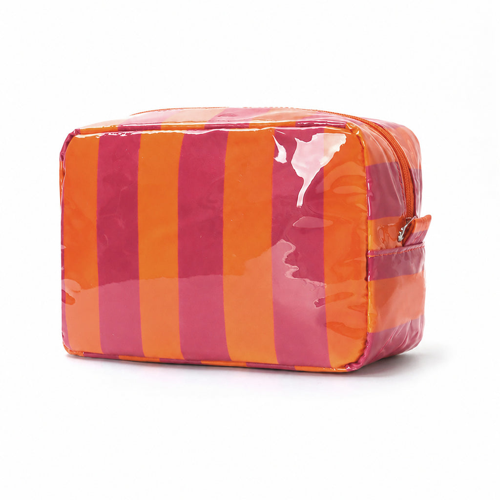 Striped Glossy Makeup Pouch With Zip Top - Orange