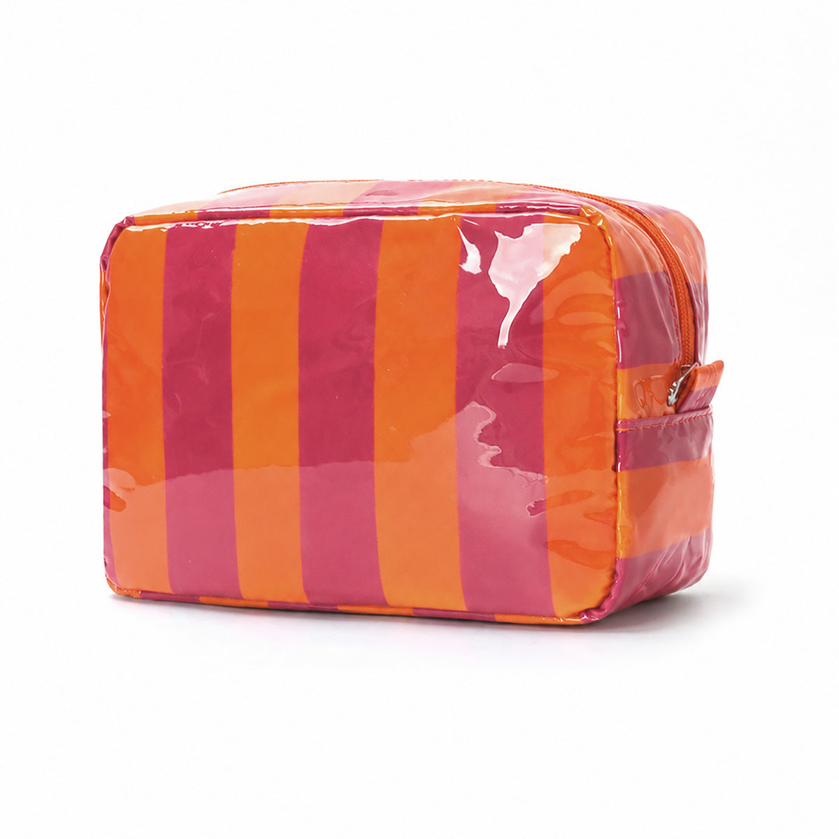 Striped Glossy Makeup Pouch With Zip Top - Orange