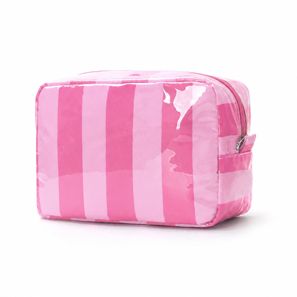Striped Glossy Makeup Pouch With Zip Top - Rose_Red