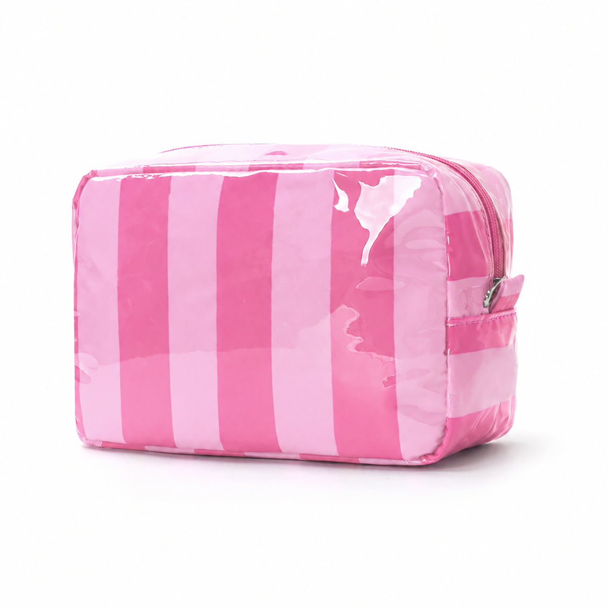 Striped Glossy Makeup Pouch With Zip Top - Rose_Red