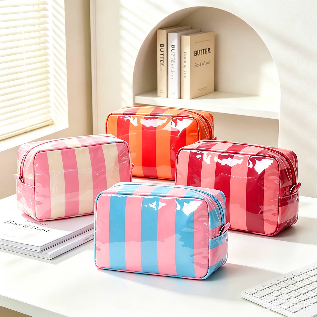 Striped Glossy Makeup Pouch With Zip Top
