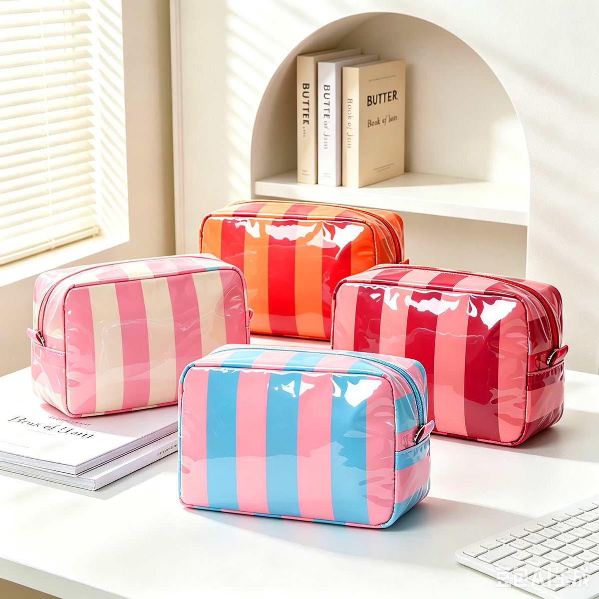Striped Glossy Makeup Pouch With Zip Top - view 1