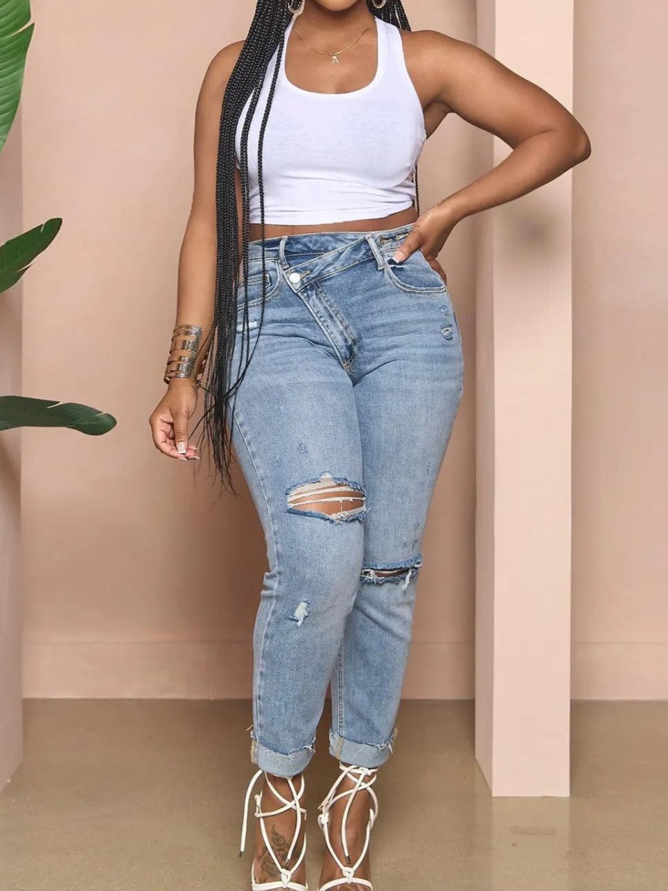 Crossover Waist Ripped Cuffed Skinny Jeans - Light Blue - 1