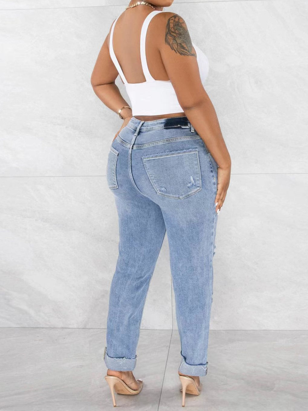 Crossover Waist Ripped Cuffed Skinny Jeans - Light Blue - 2