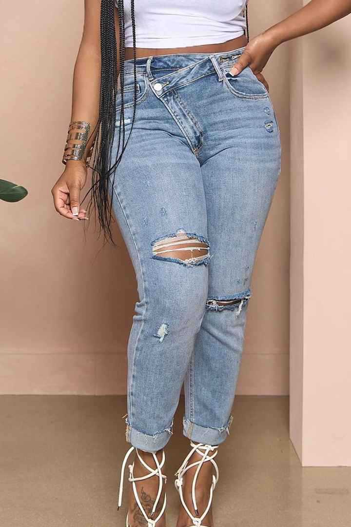 Crossover Waist Ripped Cuffed Skinny Jeans - Light Blue - 3
