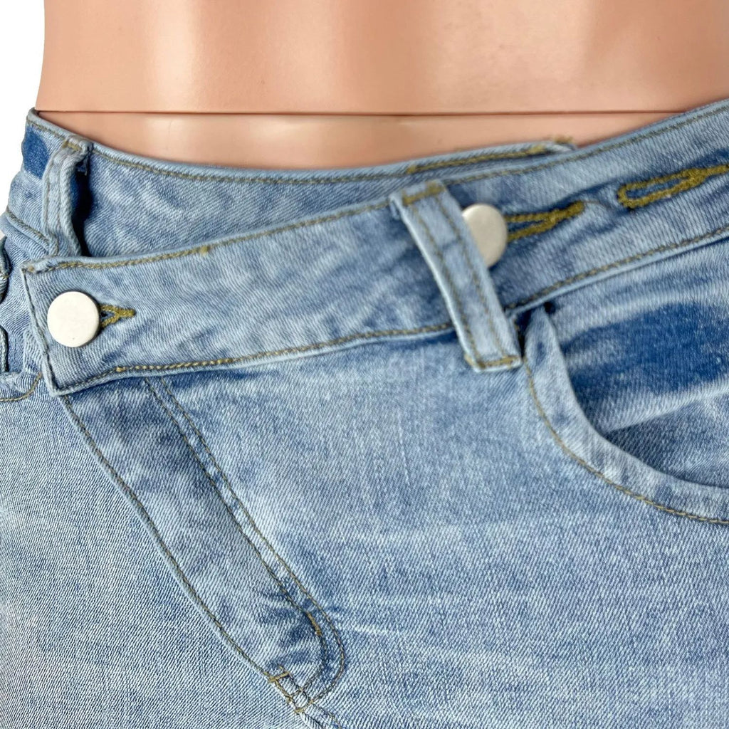 Crossover Waist Ripped Cuffed Skinny Jeans - Light Blue - 4