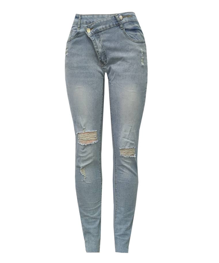 Crossover Waist Ripped Cuffed Skinny Jeans