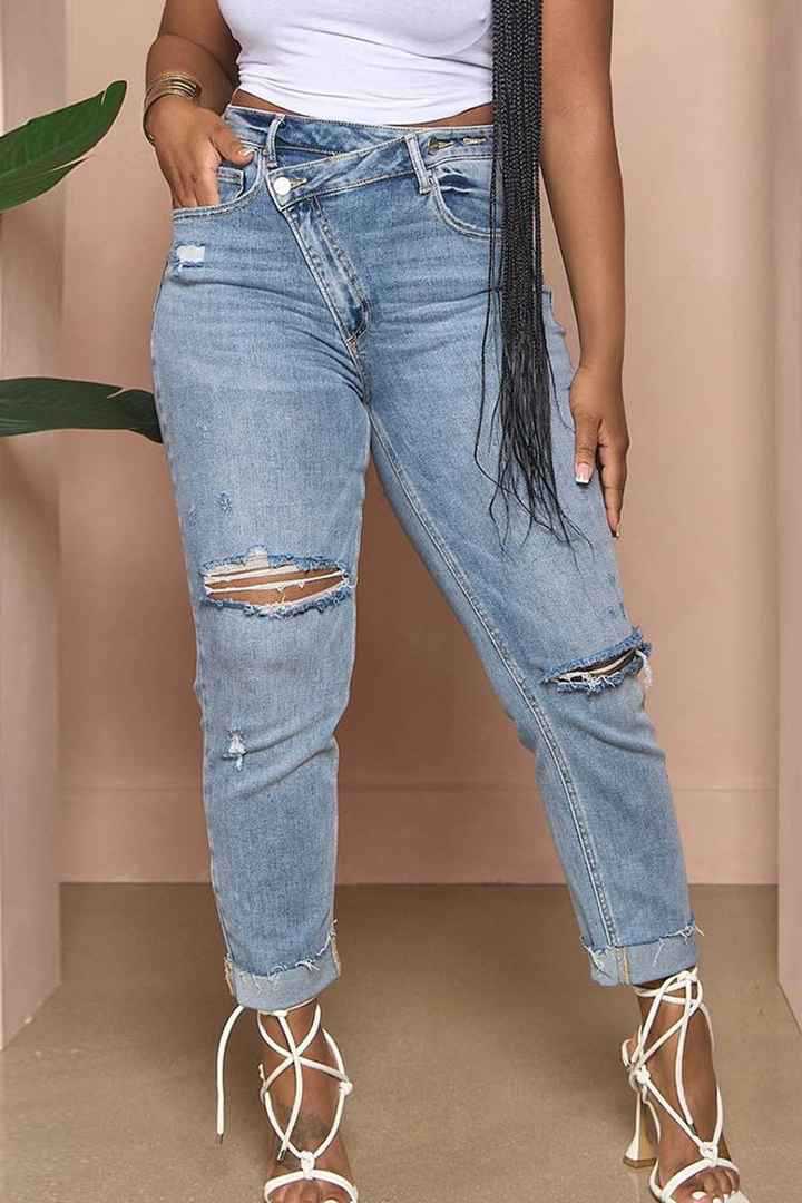 Crossover Waist Ripped Cuffed Skinny Jeans - view 1