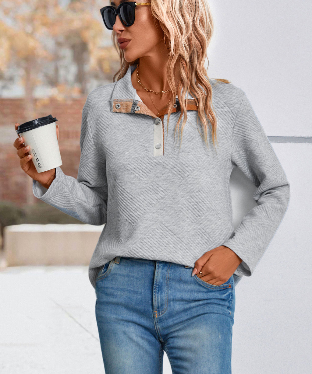 Plaid Trim Half Button Placket Sweatshirt - Grey - 3