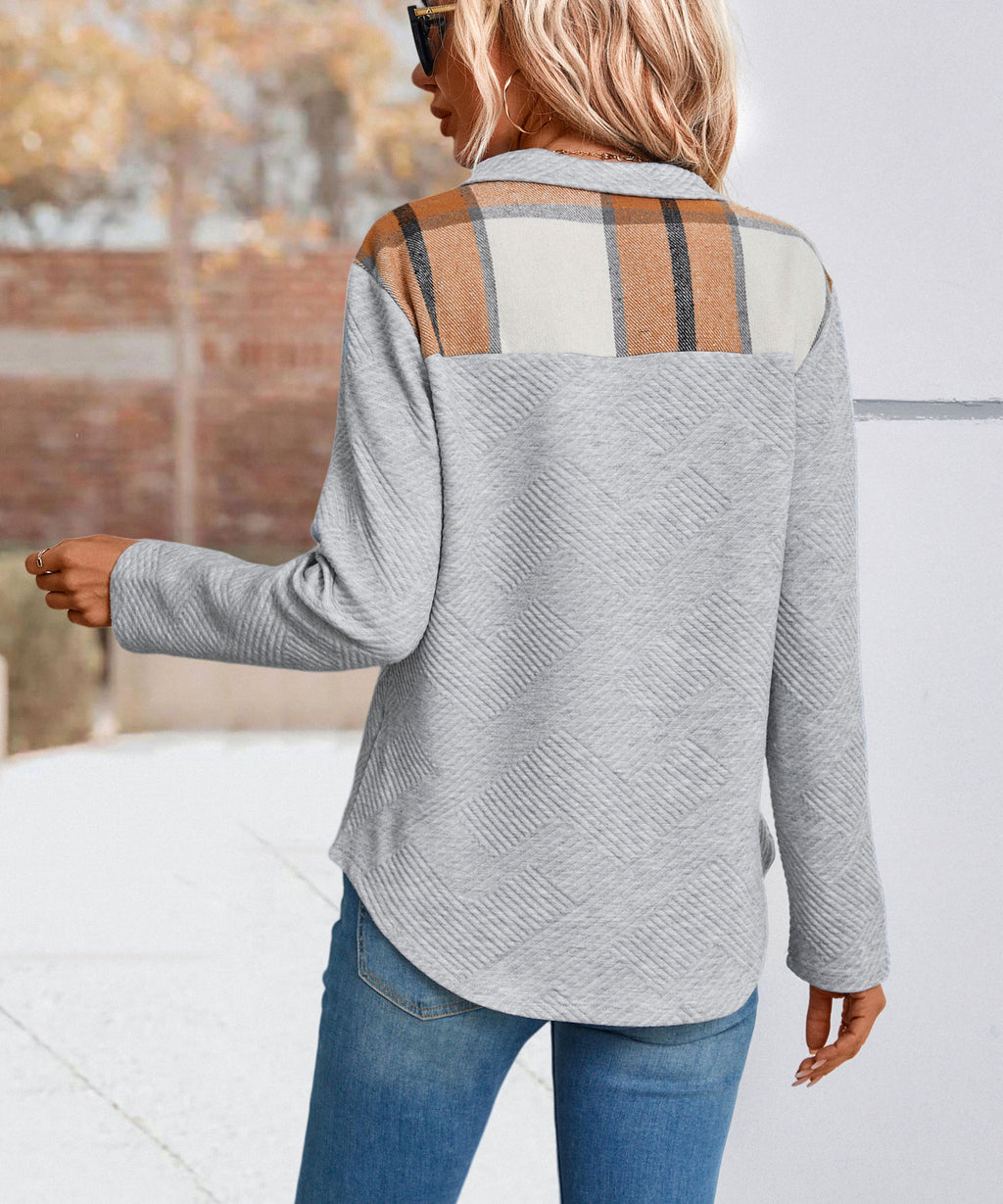 Plaid Trim Half Button Placket Sweatshirt - Grey - 4