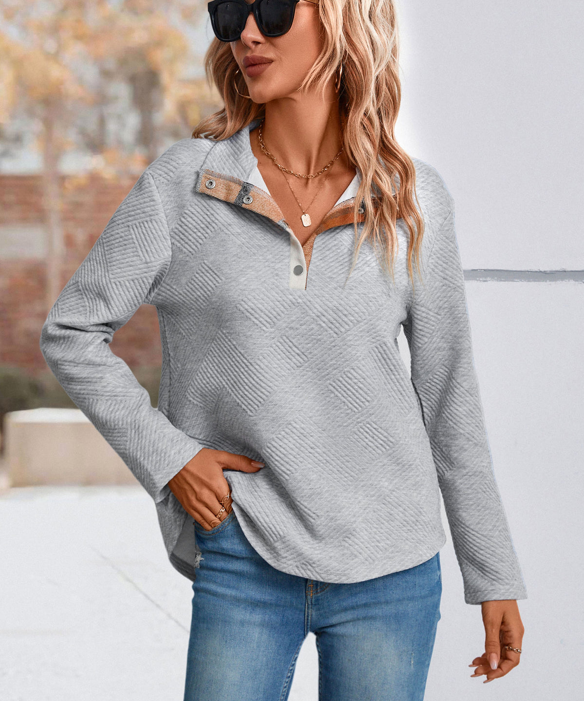 Plaid Trim Half Button Placket Sweatshirt - Grey - 6