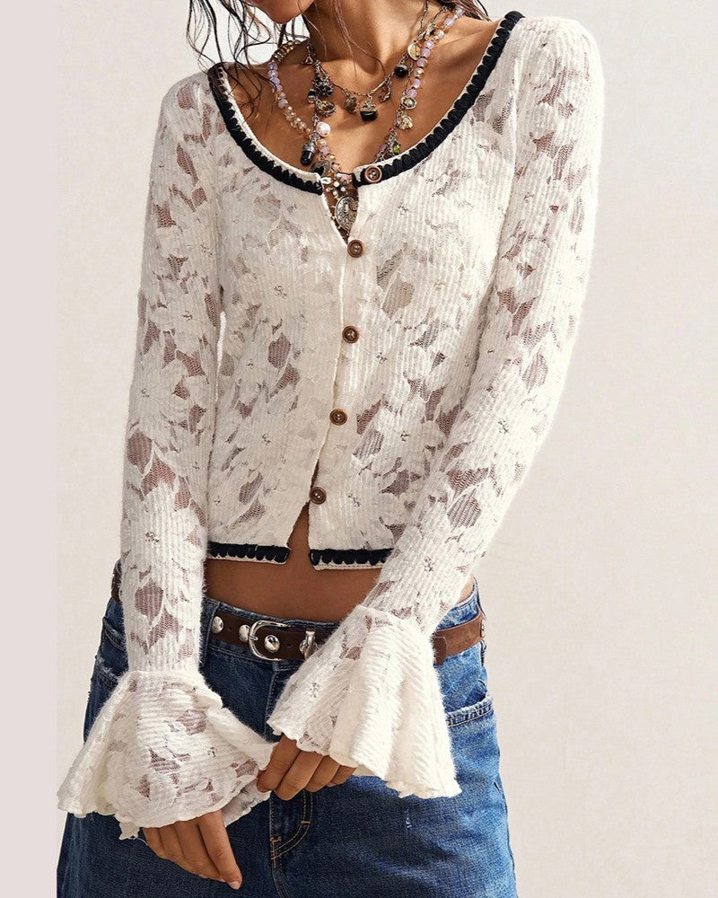 Sheer Floral Burnout Bell Sleeve Sweater - Beige