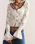 Sheer Floral Burnout Bell Sleeve Sweater - Beige