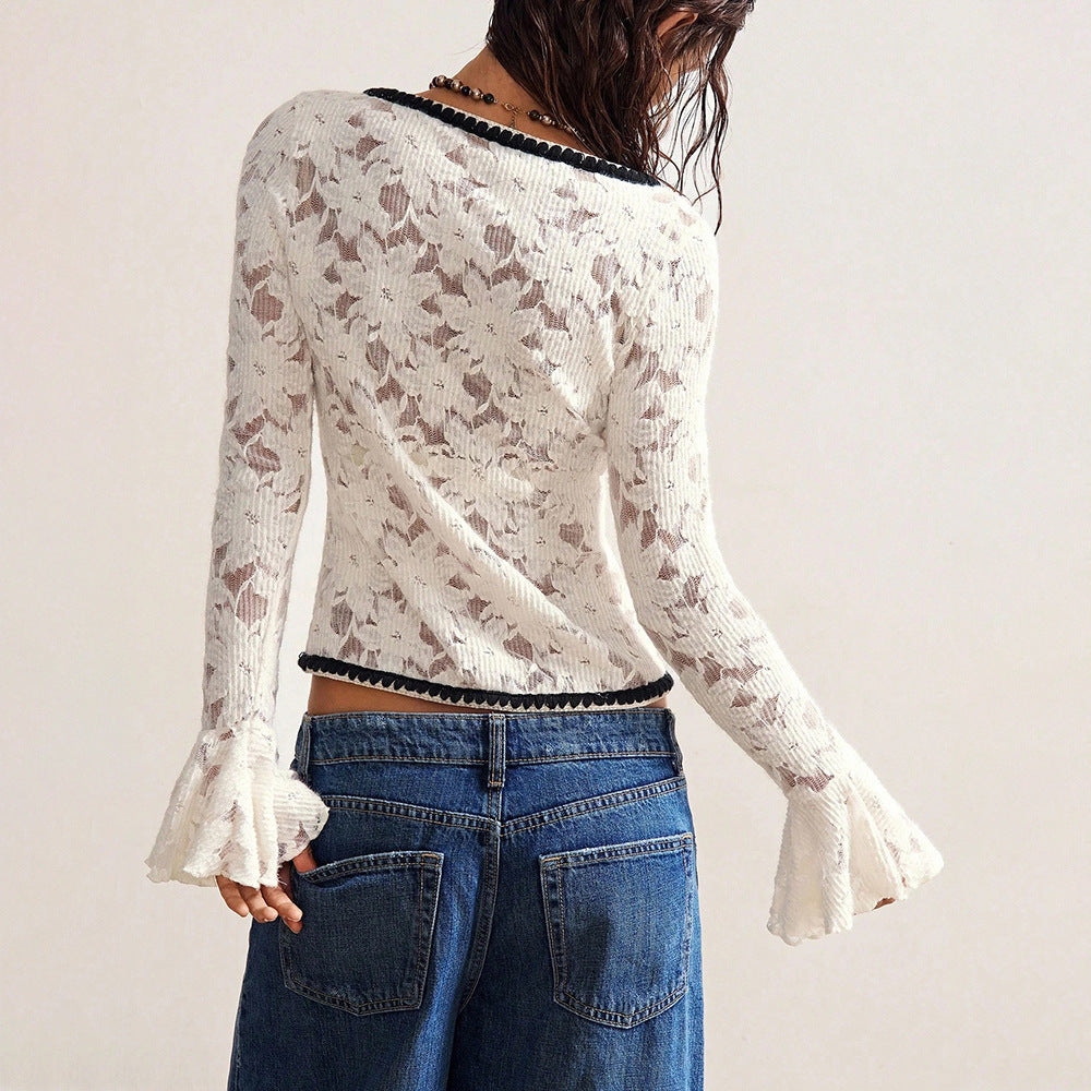 Sheer Floral Burnout Bell Sleeve Sweater - Beige - 2
