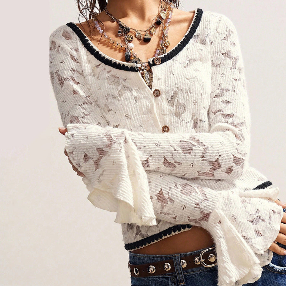 Sheer Floral Burnout Bell Sleeve Sweater - Beige - 4