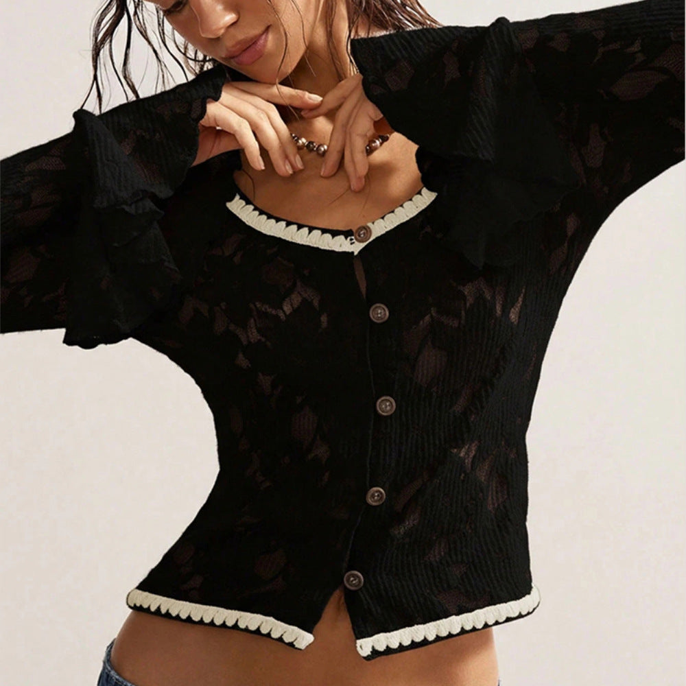Sheer Floral Burnout Bell Sleeve Sweater - Black