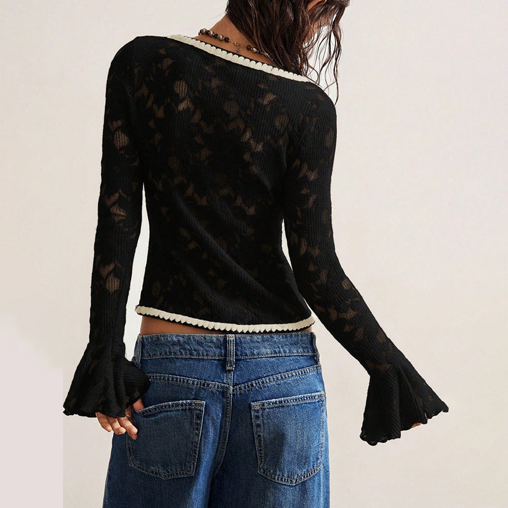Sheer Floral Burnout Bell Sleeve Sweater - Black - 1