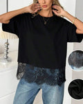 Eyelash Lace Trim Oversized Round Neck Tee - Black
