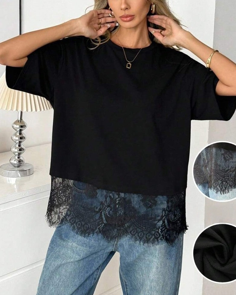 Eyelash Lace Trim Oversized Round Neck Tee - Black