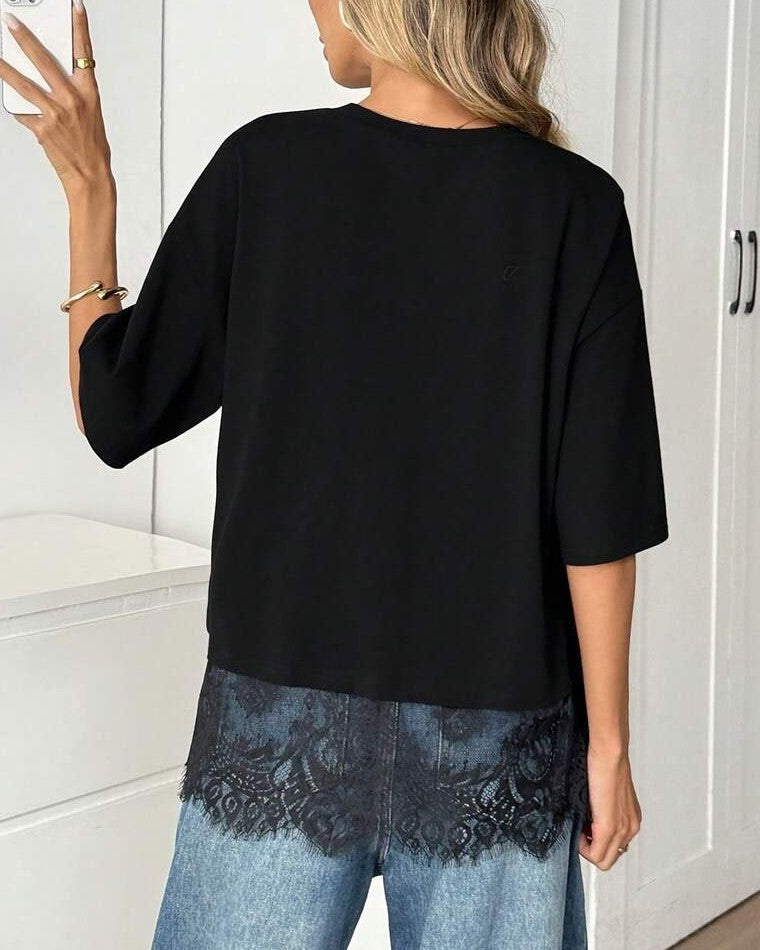 Eyelash Lace Trim Oversized Round Neck Tee - Black - 1