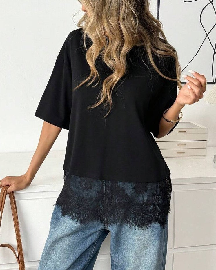 Eyelash Lace Trim Oversized Round Neck Tee - Black - 2
