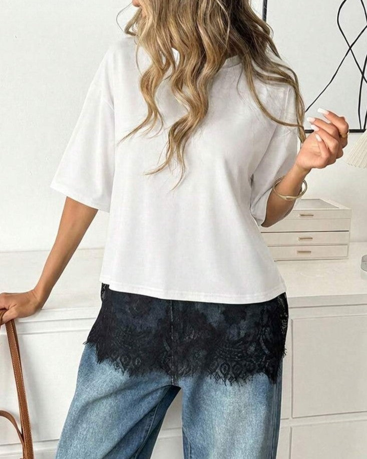 Eyelash Lace Trim Oversized Round Neck Tee - White