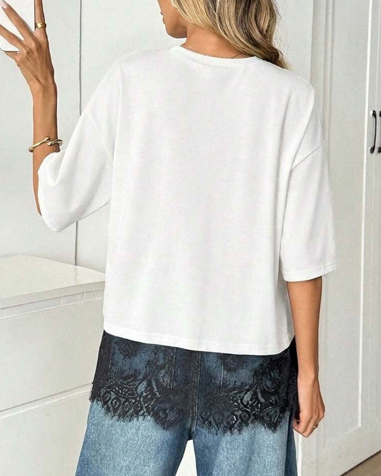 Eyelash Lace Trim Oversized Round Neck Tee - White - 1