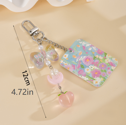 Beaded Bag Charm Keychain With Acrylic Tag - Peach