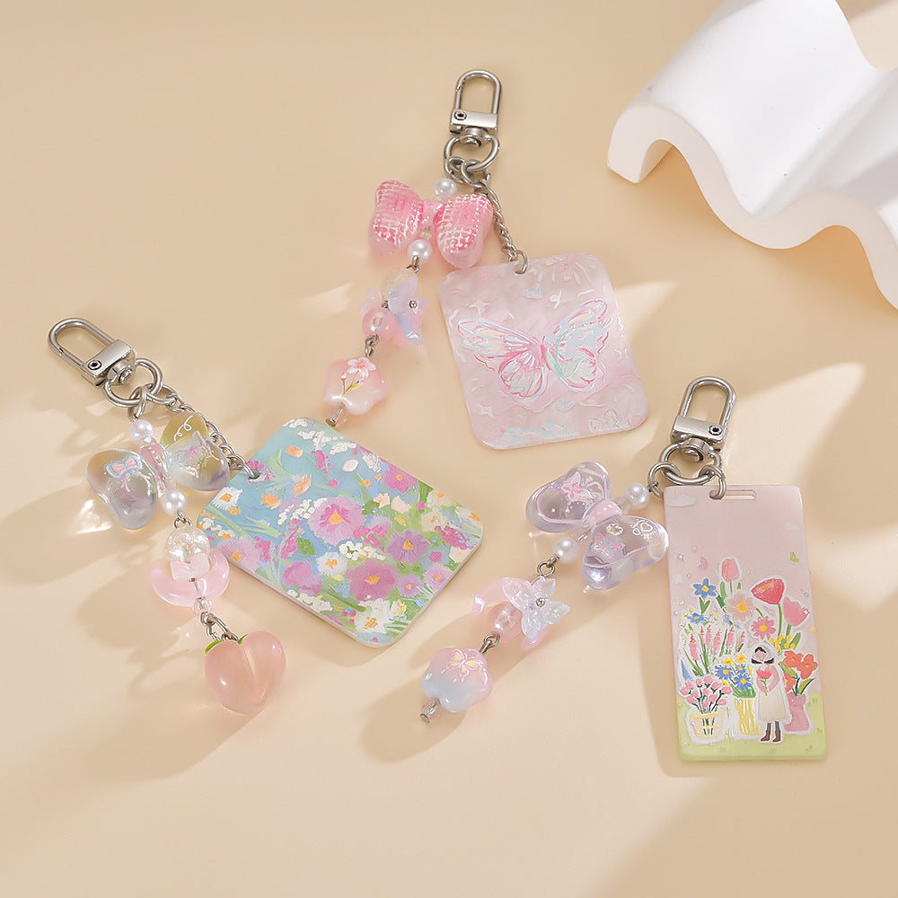 Beaded Bag Charm Keychain With Acrylic Tag