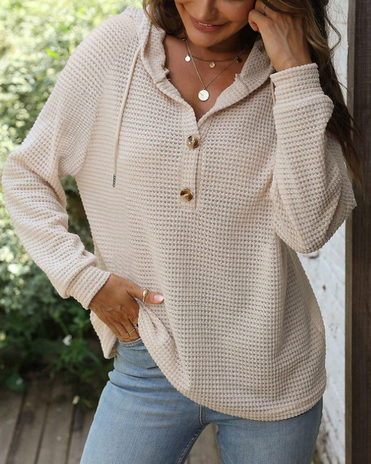 Waffle Knit Henley Button Hoodie - Apricot