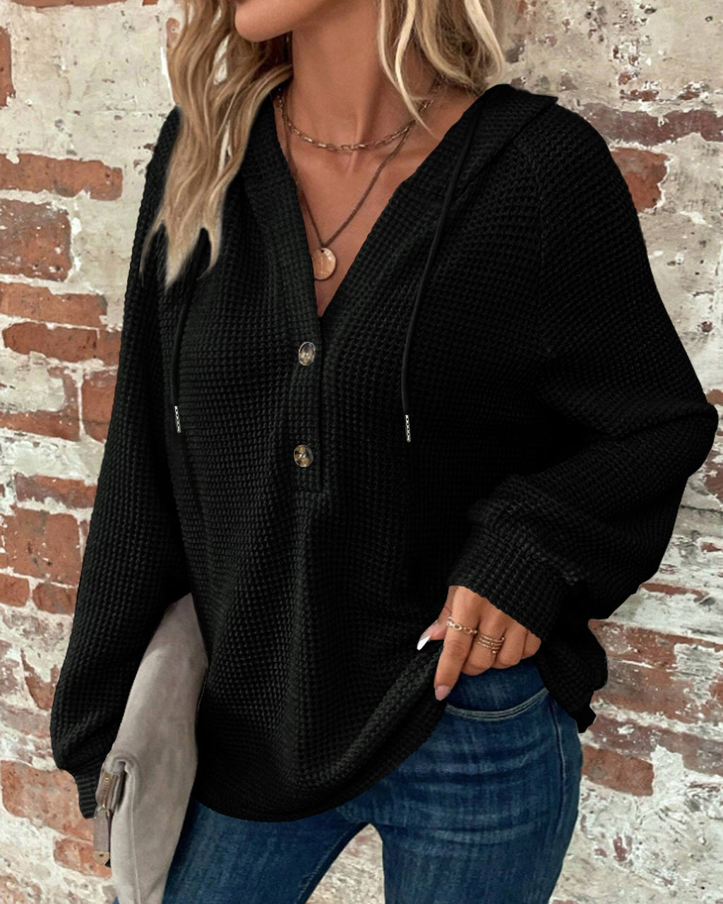 Waffle Knit Henley Button Hoodie - Black