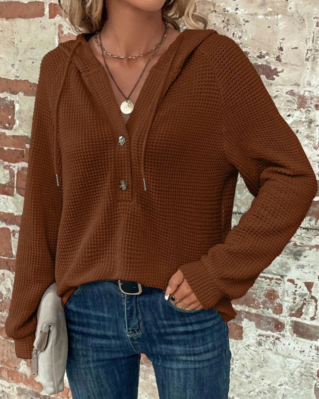 Waffle Knit Henley Button Hoodie - Caramel