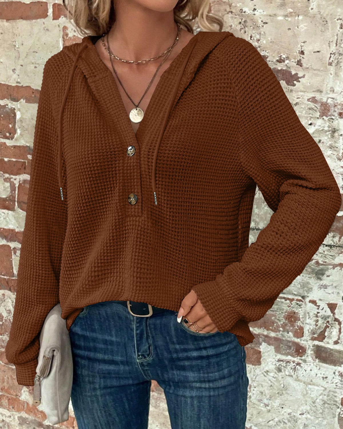 Waffle Knit Henley Button Hoodie - Caramel