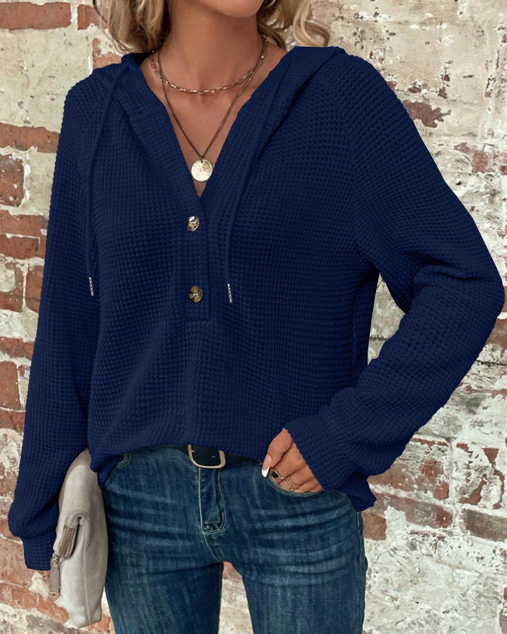 Waffle Knit Henley Button Hoodie - Navy-Blue