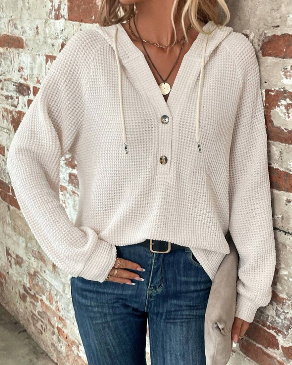 Waffle Knit Henley Button Hoodie - White