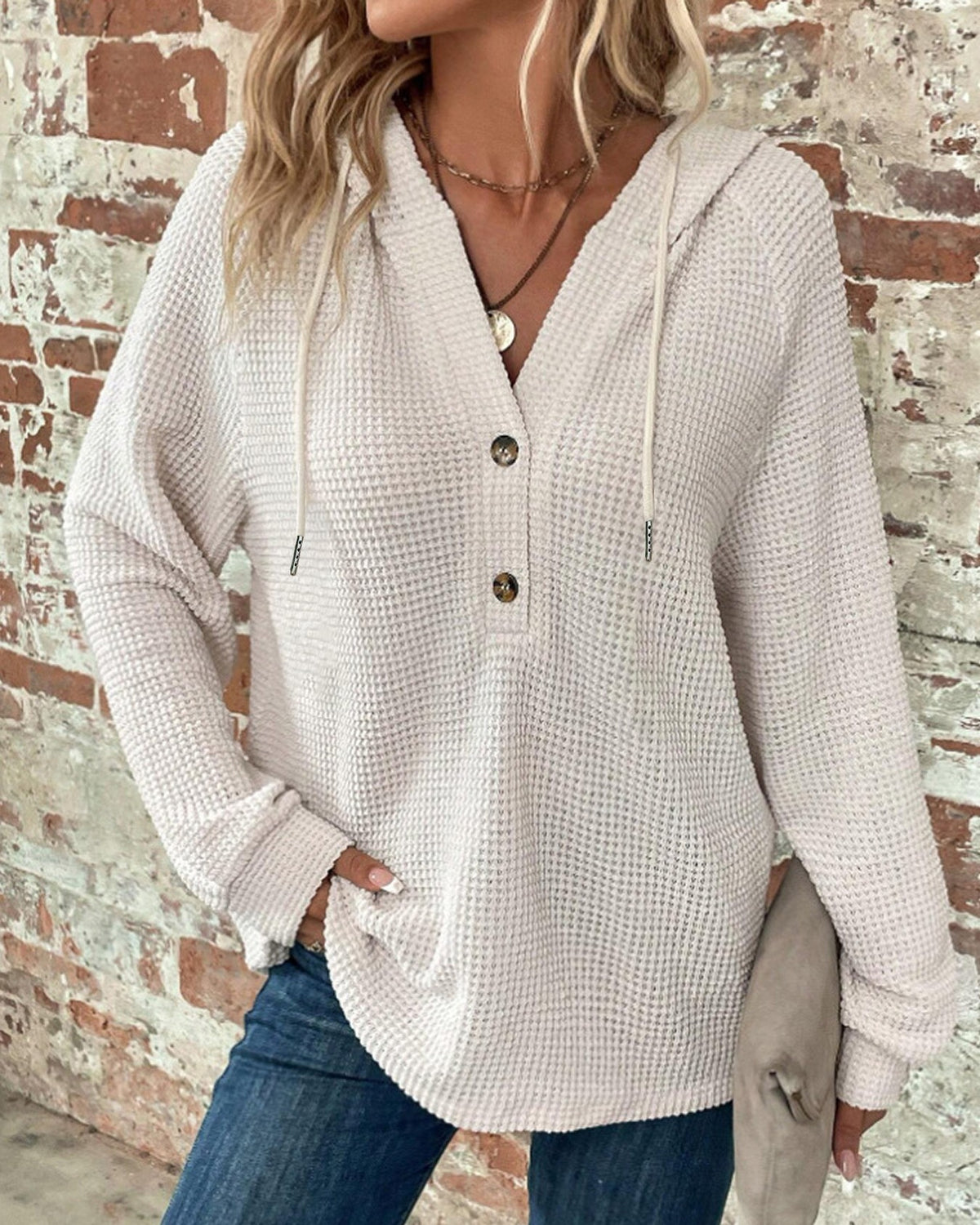 Waffle Knit Henley Button Hoodie - White - 1